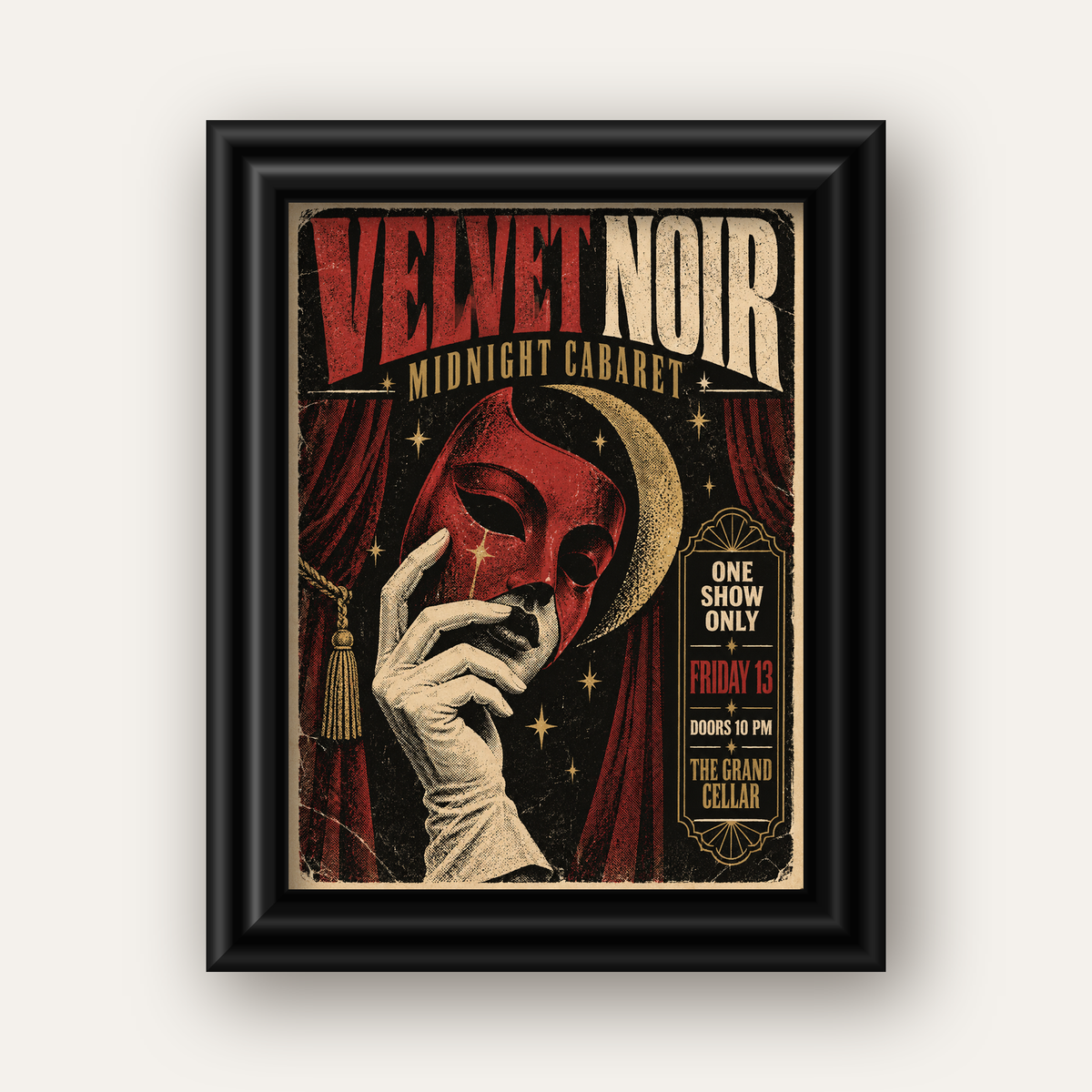 Gece Kabare Maskesi Vintage Poster – Retro Sanat Baskısı — siyah galeri çerçeveli