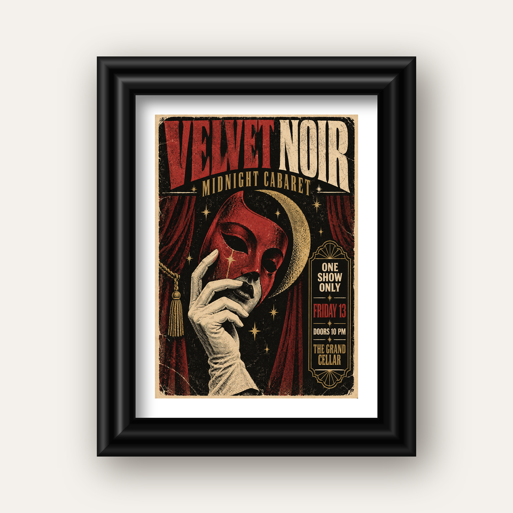 Gece Kabare Maskesi Vintage Poster – Retro Sanat Baskısı — siyah galeri çerçeveli paspartulu