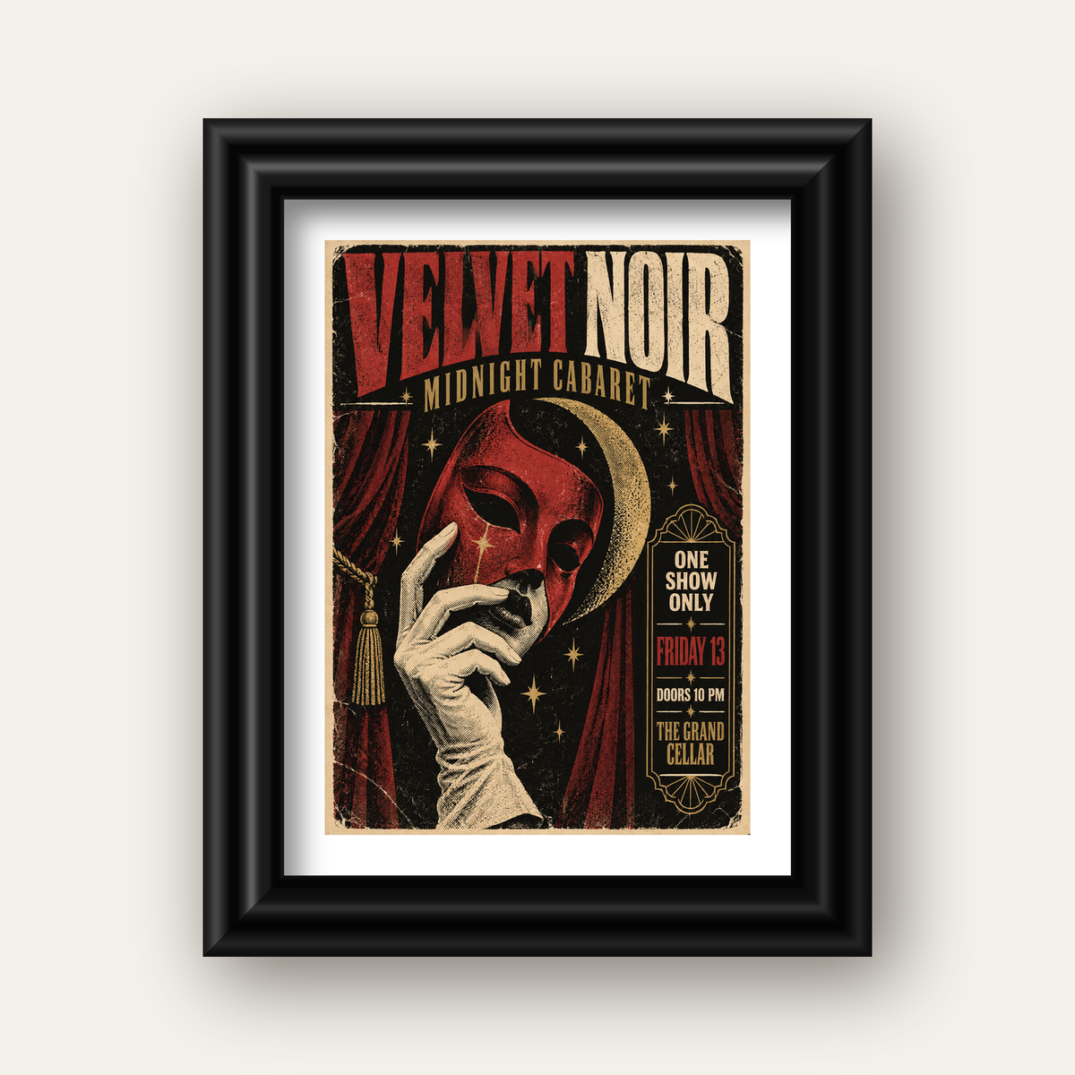 Gece Kabare Maskesi Vintage Poster – Retro Sanat Baskısı — siyah galeri çerçeveli paspartulu