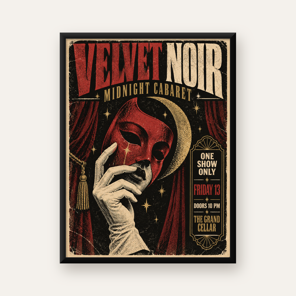 Gece Kabare Maskesi Vintage Poster – Retro Sanat Baskısı — Dikey baskı, düz siyah çerçeveli duvar posteri