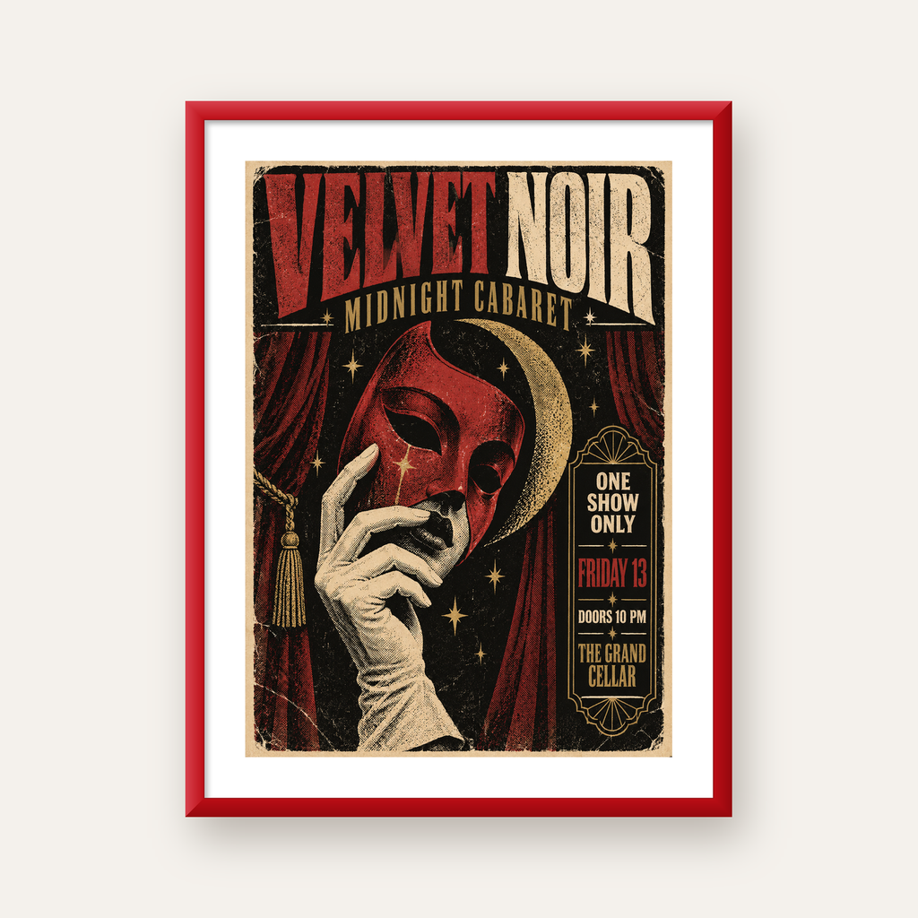 Gece Kabare Maskesi Vintage Poster – Retro Sanat Baskısı — kırmızı çerçeveli paspartulu