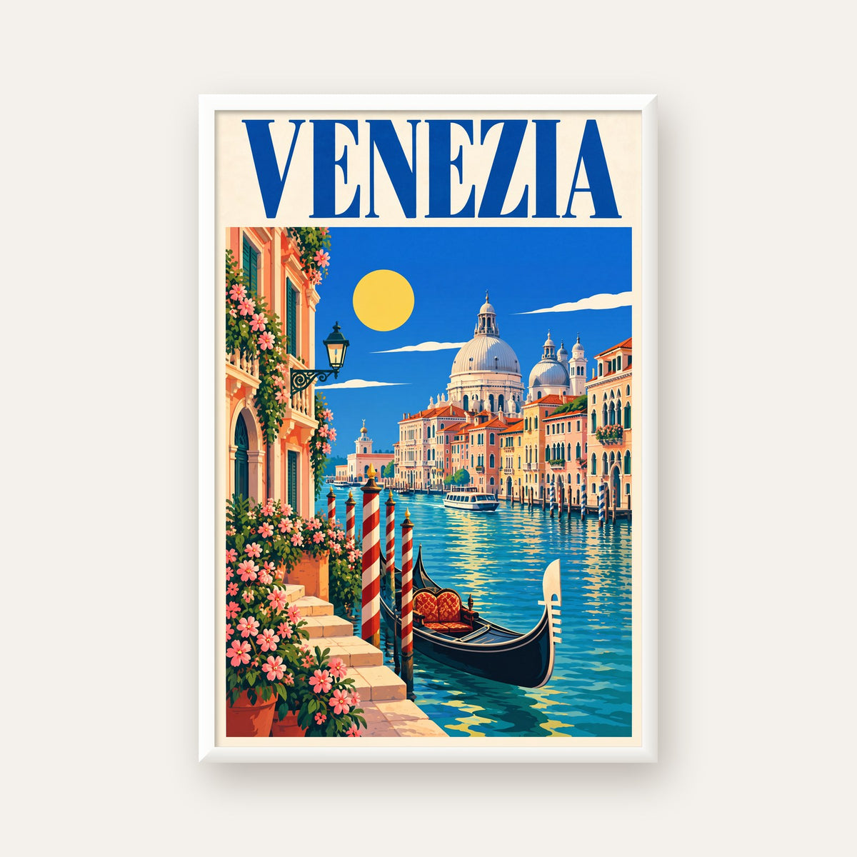 Venedik Manzaralı Retro İllüstrasyon Poster - Canlı Renklerde — beyaz çerçeveli dikey poster