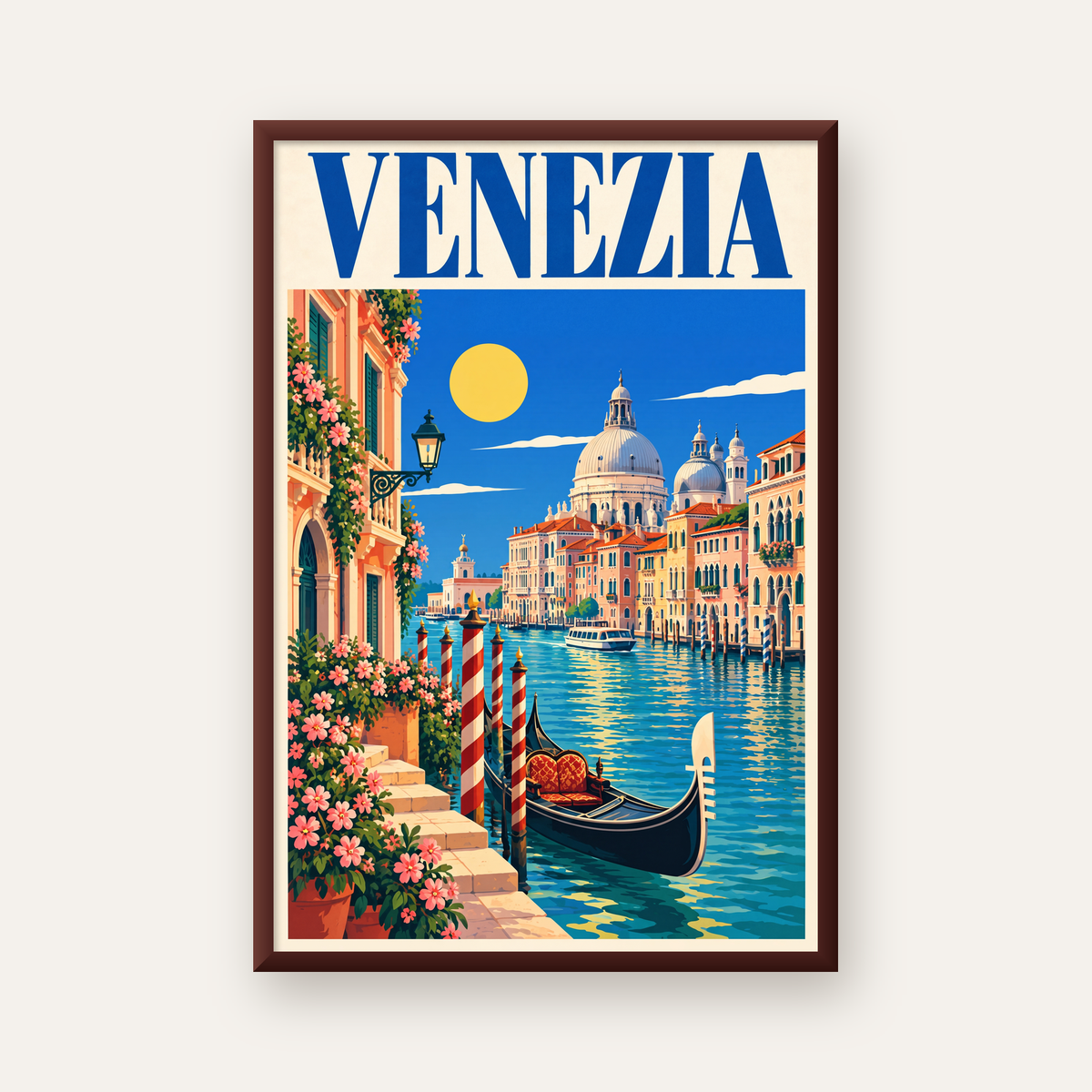Venedik Manzaralı Retro İllüstrasyon Poster - Canlı Renklerde — ceviz çerçeveli