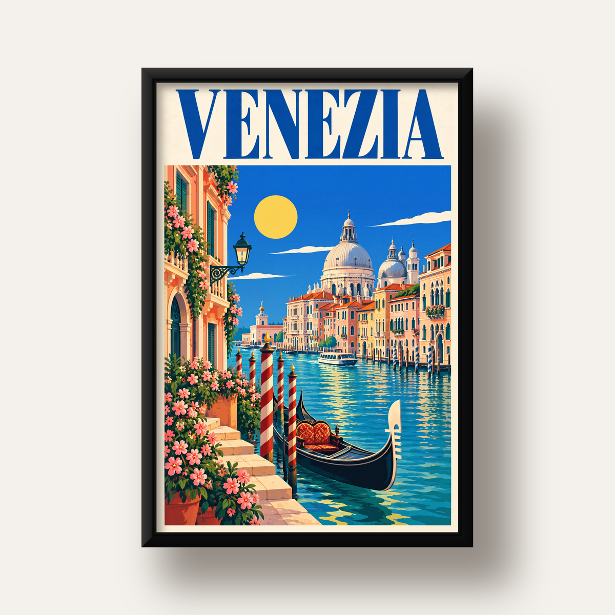Venedik Manzaralı Retro İllüstrasyon Poster - Canlı Renklerde — siyah derin çerçeveli