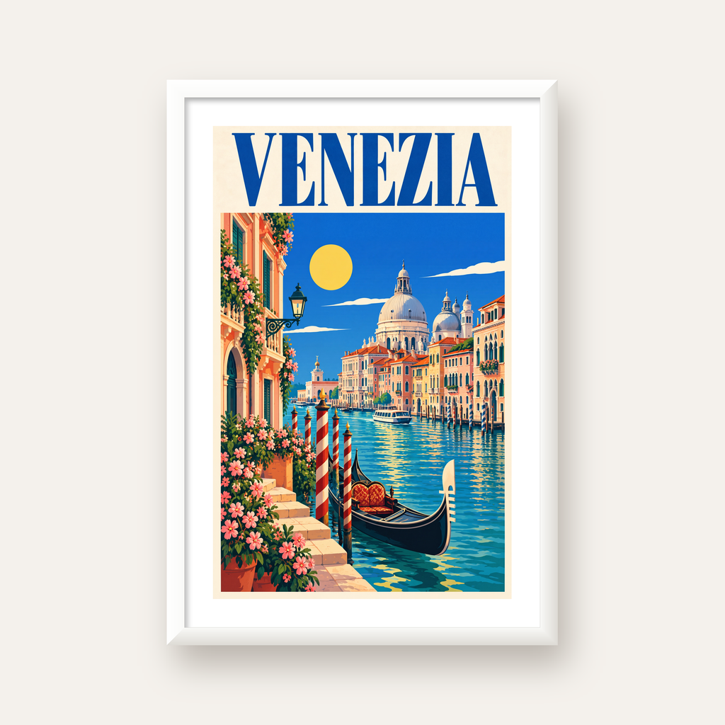 Venedik Manzaralı Retro İllüstrasyon Poster - Canlı Renklerde — beyaz çerçeveli dikey poster