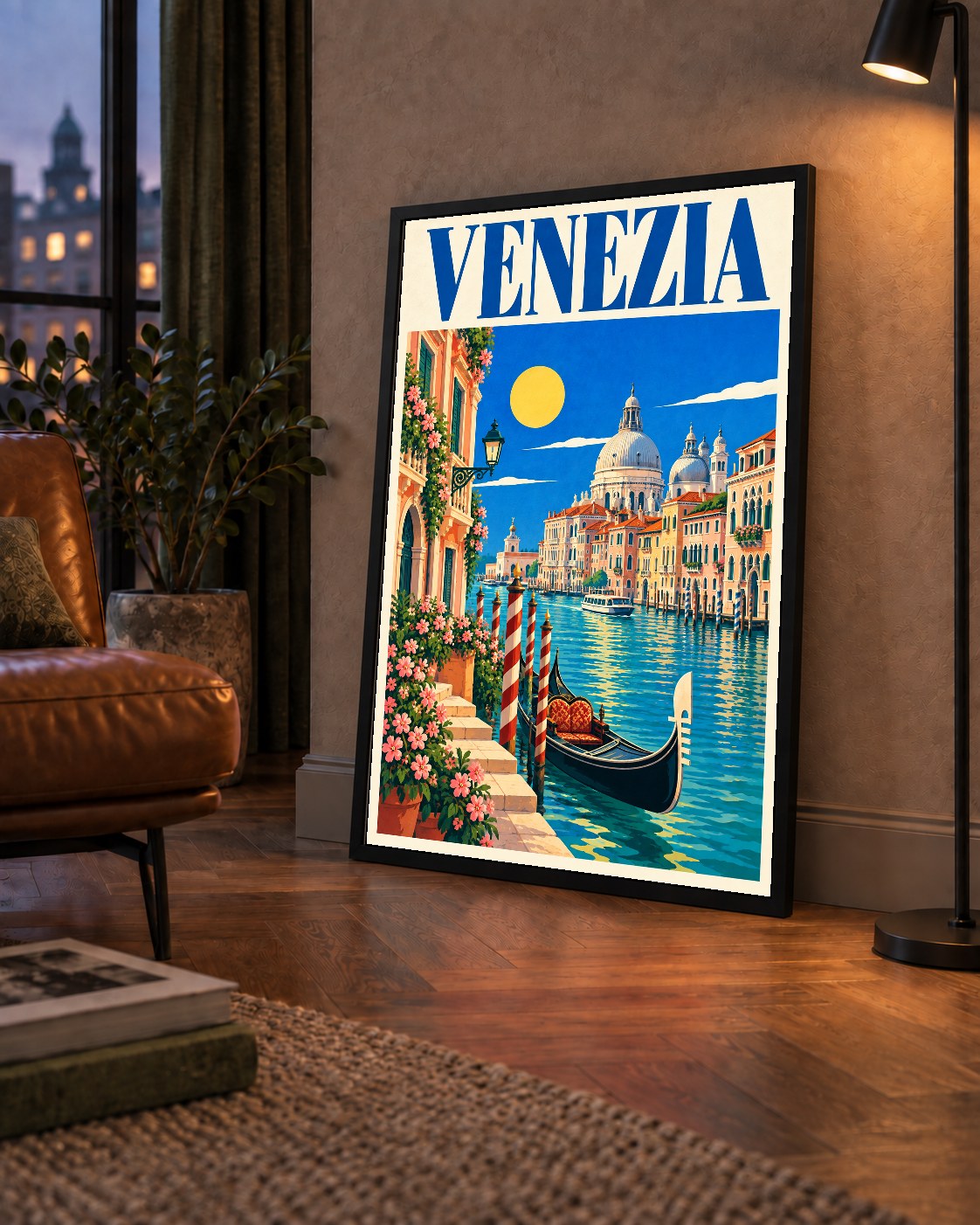 Venedik Manzaralı Retro İllüstrasyon Poster - Canlı Renklerde