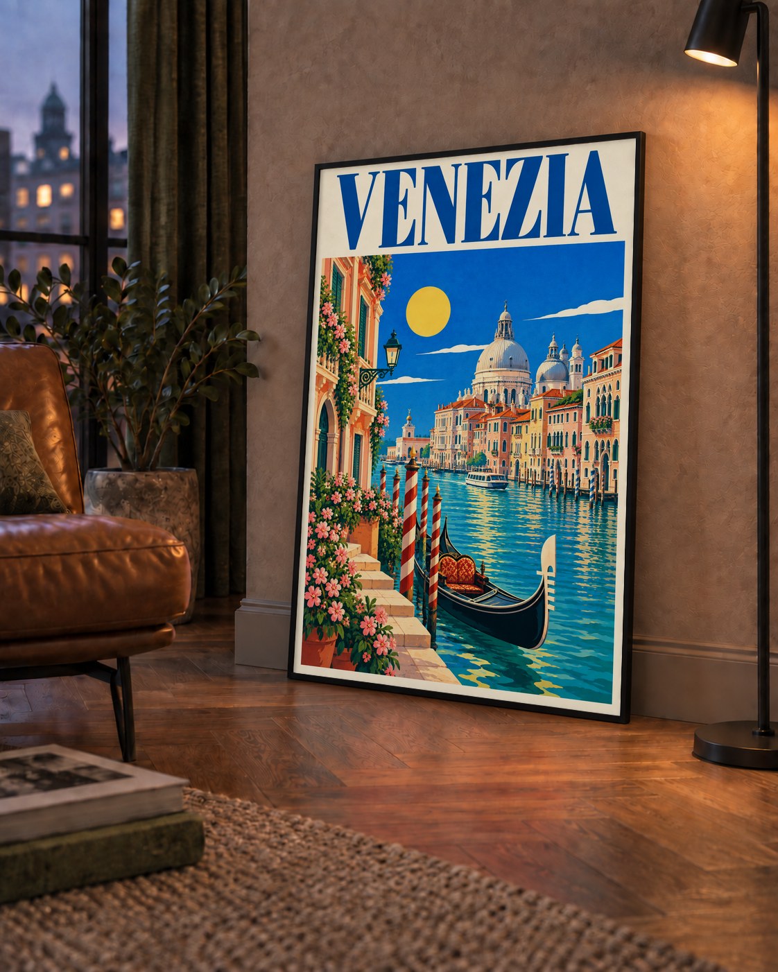 Venedik Manzaralı Retro İllüstrasyon Poster - Canlı Renklerde — çerçeveli hâliyle bir ev duvarında
