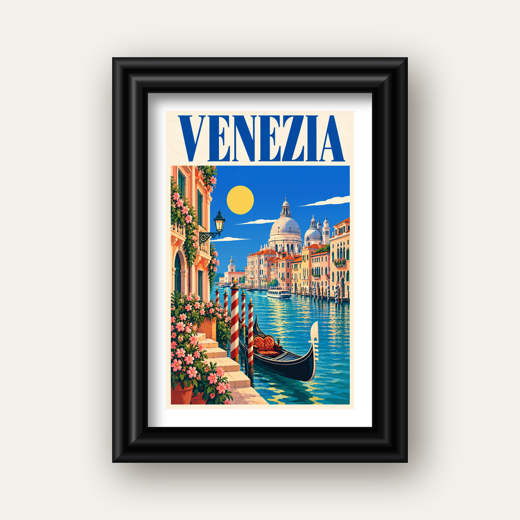 Venedik Manzaralı Retro İllüstrasyon Poster - Canlı Renklerde — siyah galeri çerçeveli paspartulu