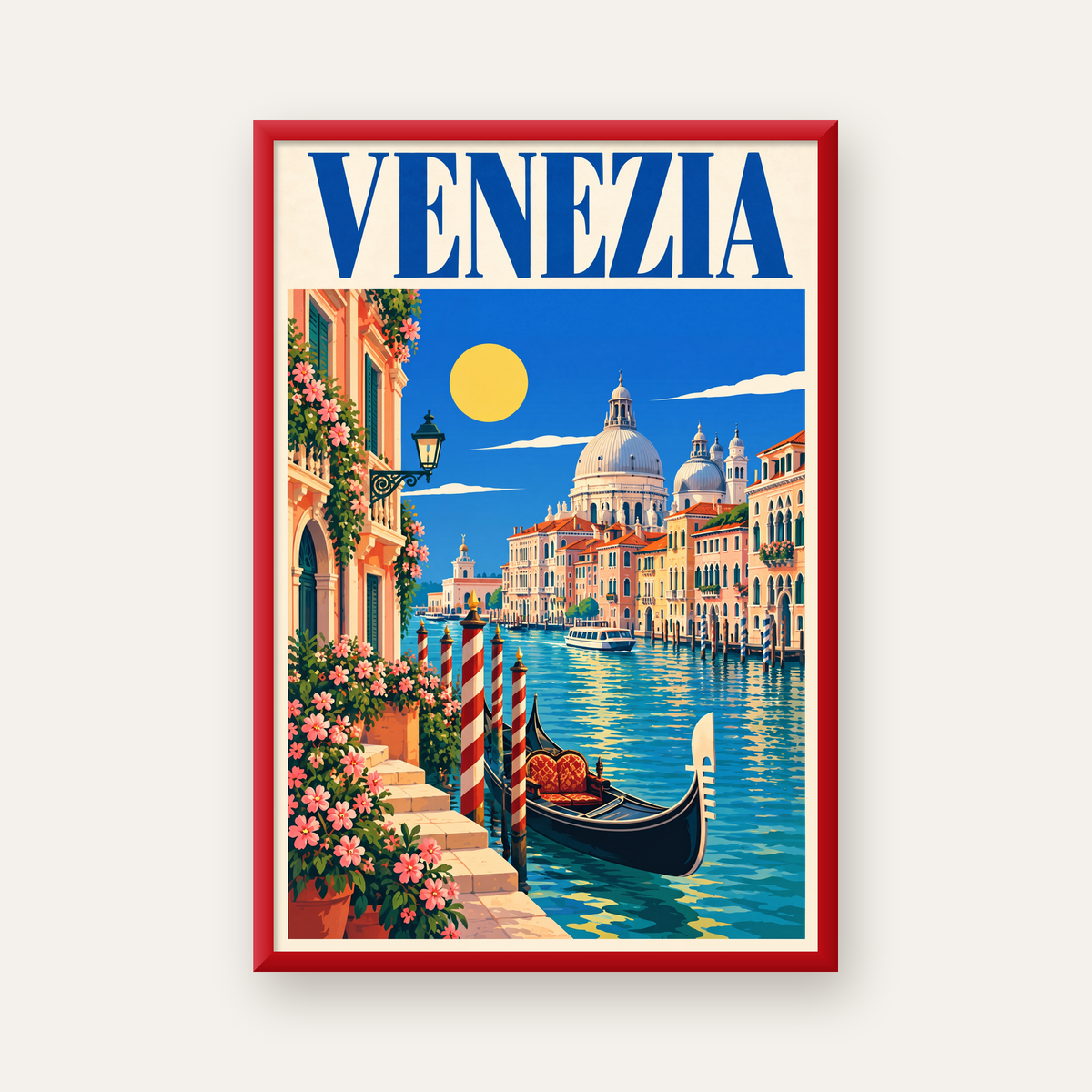 Venedik Manzaralı Retro İllüstrasyon Poster - Canlı Renklerde — kırmızı çerçeveli
