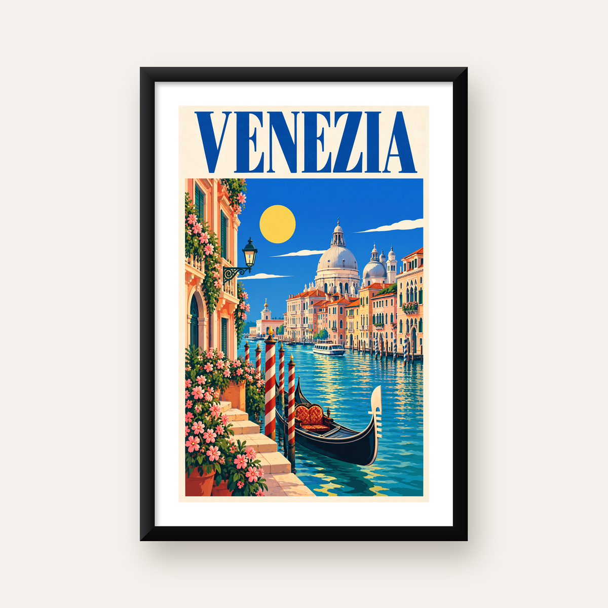 Venedik Manzaralı Retro İllüstrasyon Poster - Canlı Renklerde — beyaz paspartulu, düz siyah çerçeveli