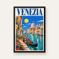 Venedik Manzaralı Retro İllüstrasyon Poster - Canlı Renklerde — düz siyah çerçeveli duvar posteri