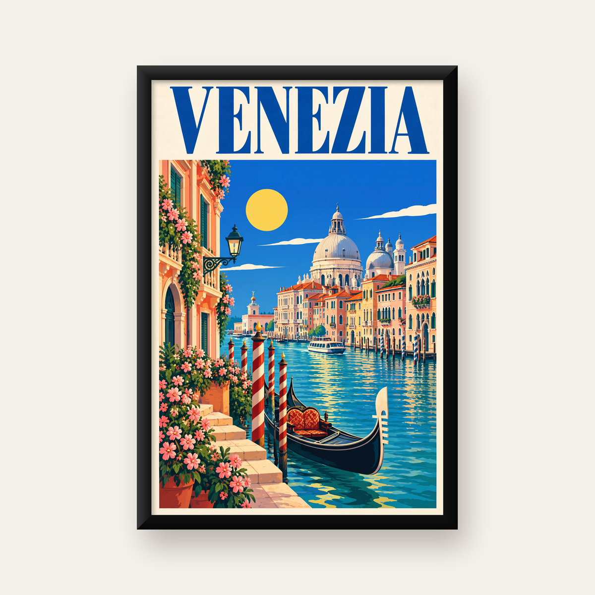 Venedik Manzaralı Retro İllüstrasyon Poster - Canlı Renklerde — düz siyah çerçeveli duvar posteri
