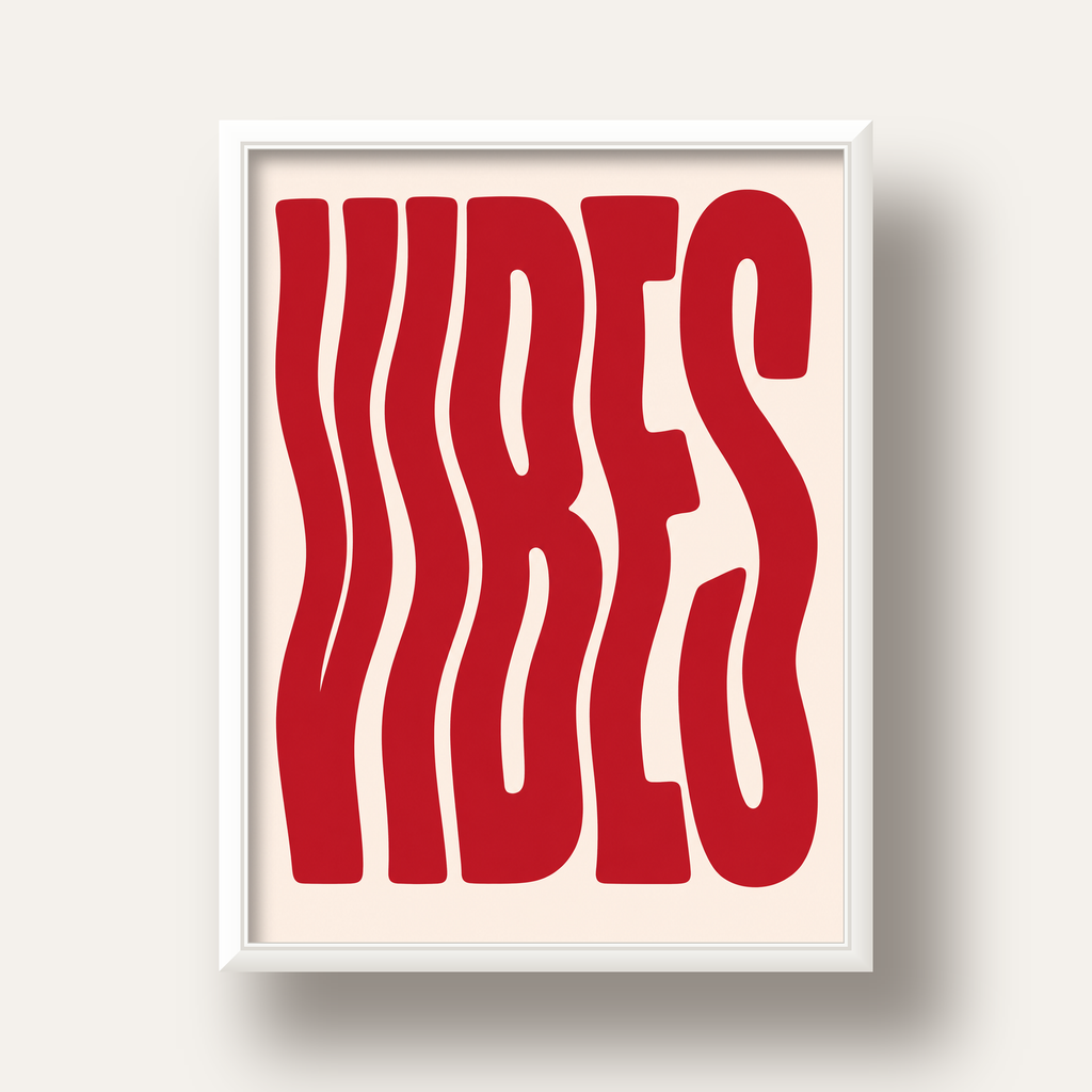 Dalgalı Tipografi Vibes Kırmızı Minimal Poster Baskısı — beyaz derin çerçeveli