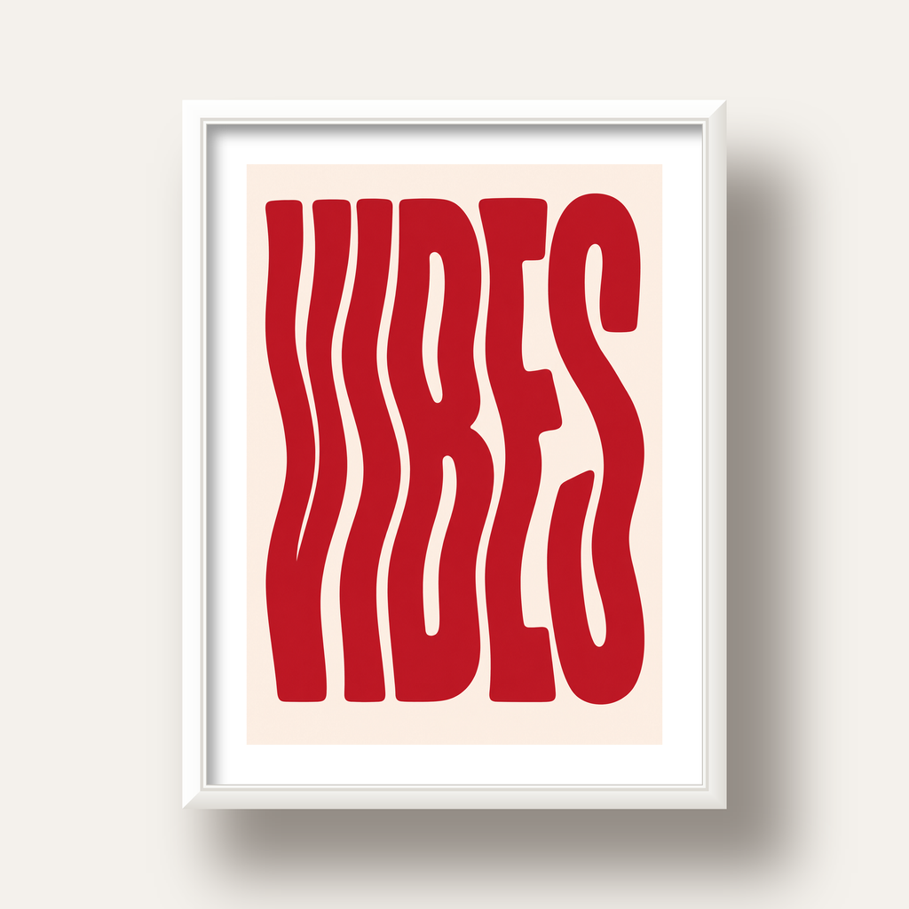 Dalgalı Tipografi Vibes Kırmızı Minimal Poster Baskısı — beyaz derin çerçeveli paspartulu