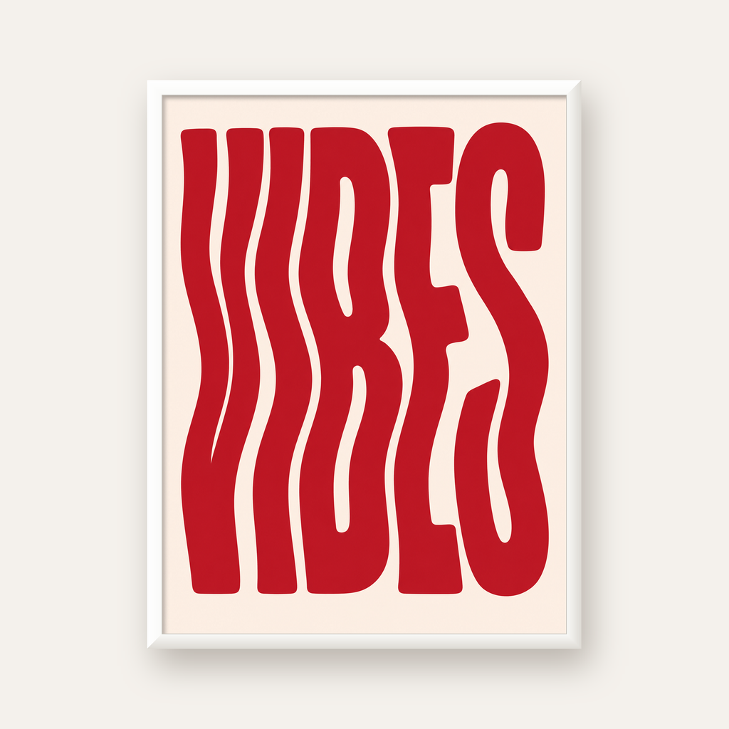 Dalgalı Tipografi Vibes Kırmızı Minimal Poster Baskısı — beyaz çerçeveli dikey poster