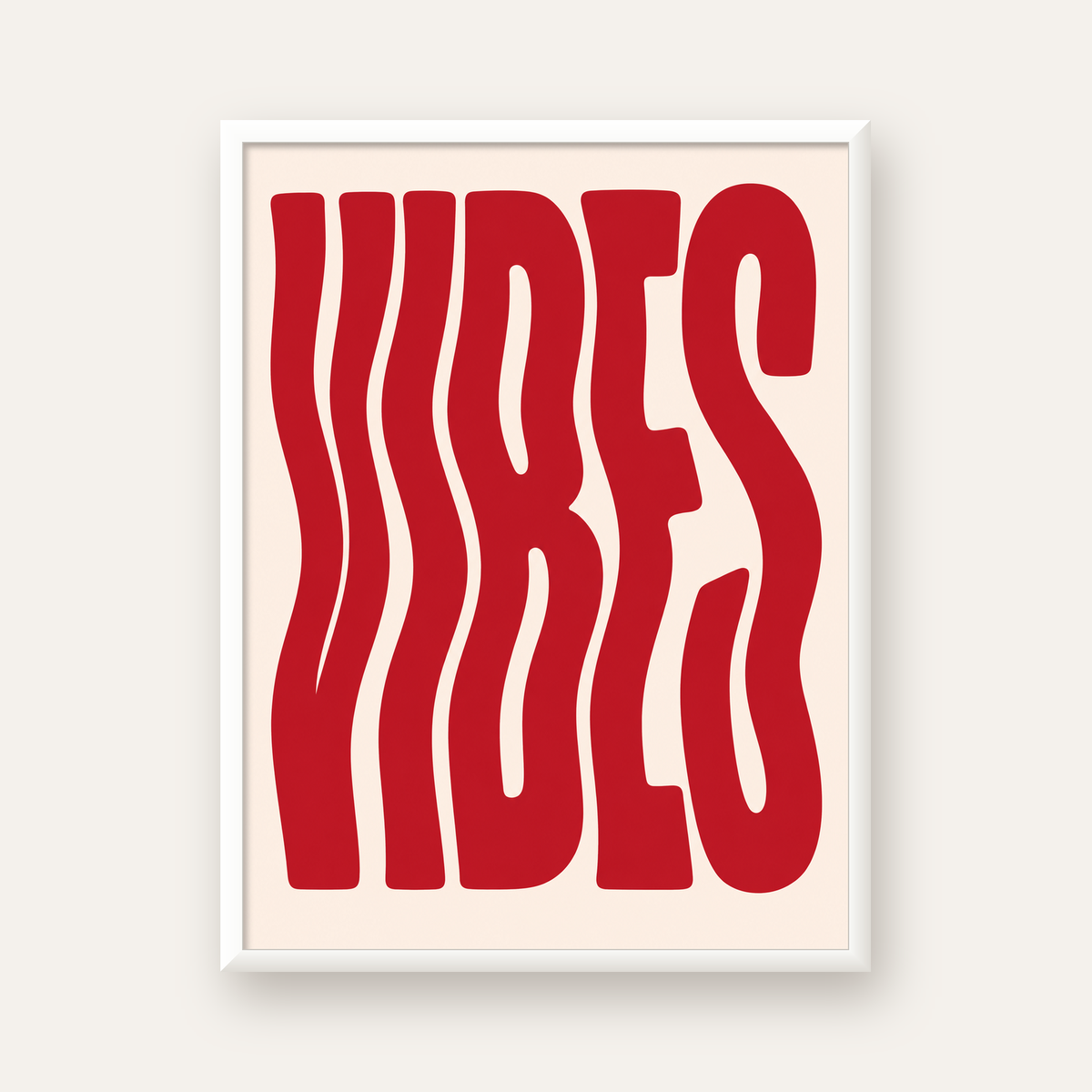 Dalgalı Tipografi Vibes Kırmızı Minimal Poster Baskısı — beyaz çerçeveli dikey poster