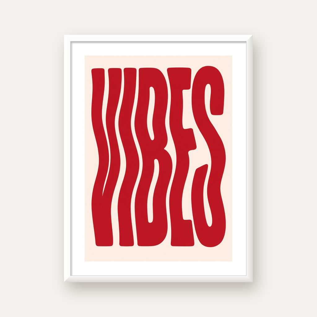 Dalgalı Tipografi Vibes Kırmızı Minimal Poster Baskısı — beyaz çerçeveli dikey poster
