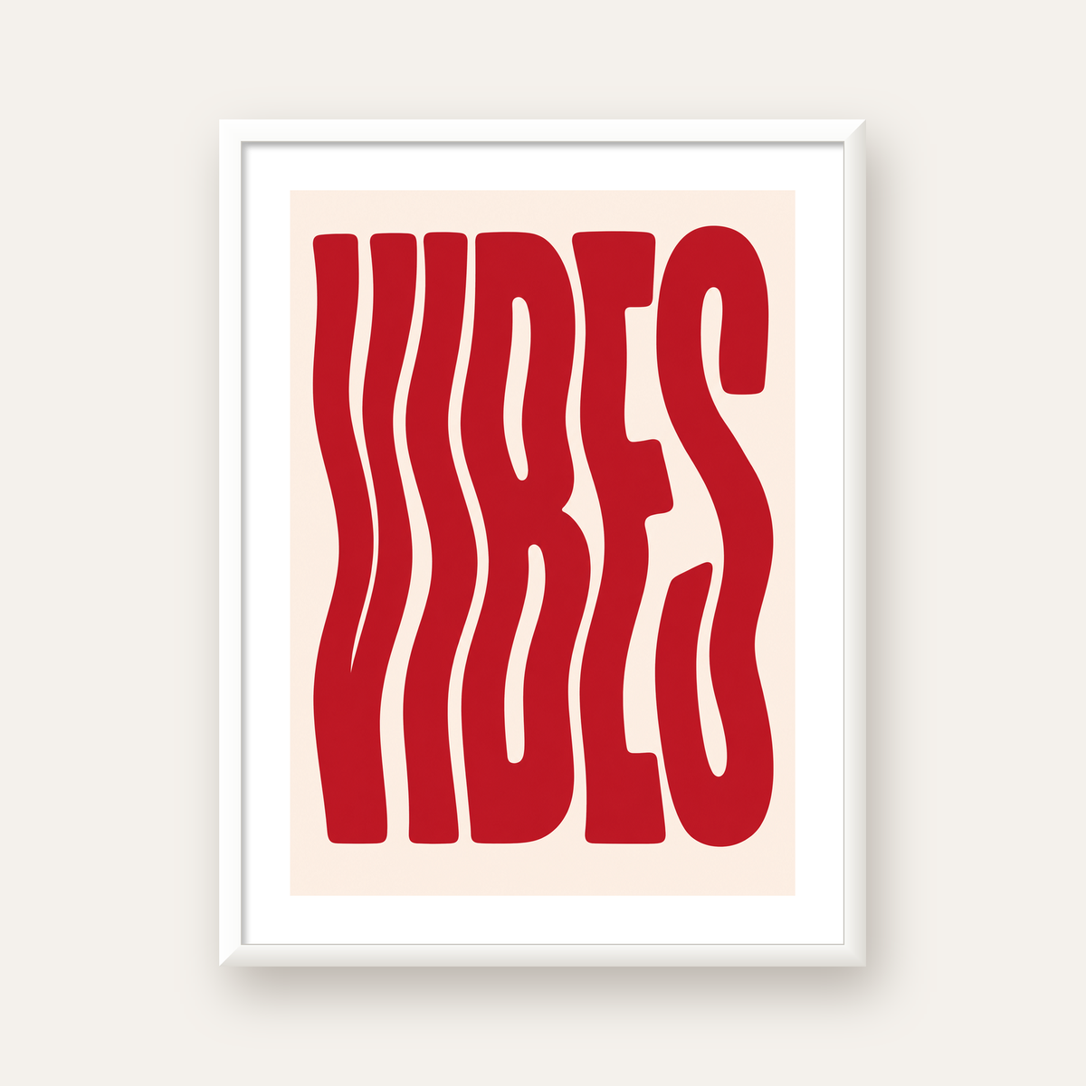 Dalgalı Tipografi Vibes Kırmızı Minimal Poster Baskısı — beyaz çerçeveli dikey poster