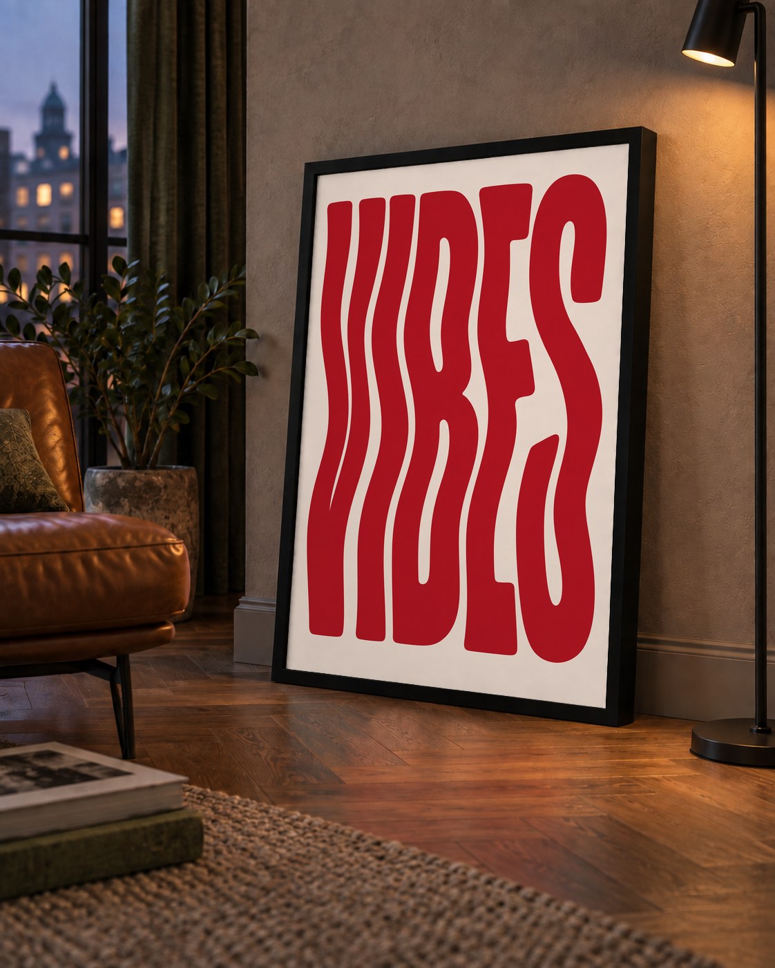 Dalgalı Tipografi Vibes Kırmızı Minimal Poster Baskısı — çerçeveli hâliyle bir ev duvarında