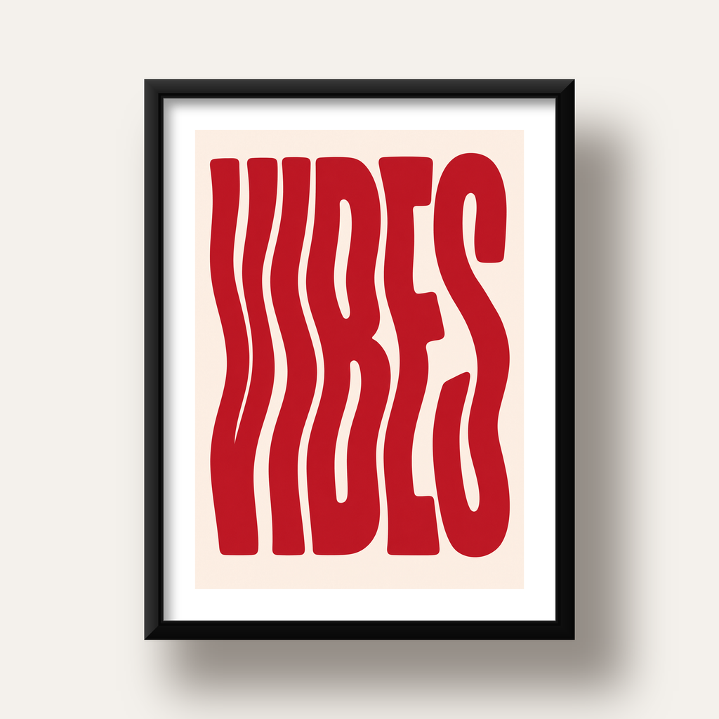 Dalgalı Tipografi Vibes Kırmızı Minimal Poster Baskısı — siyah derin çerçeveli paspartulu
