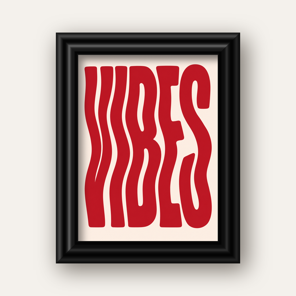 Dalgalı Tipografi Vibes Kırmızı Minimal Poster Baskısı — siyah galeri çerçeveli