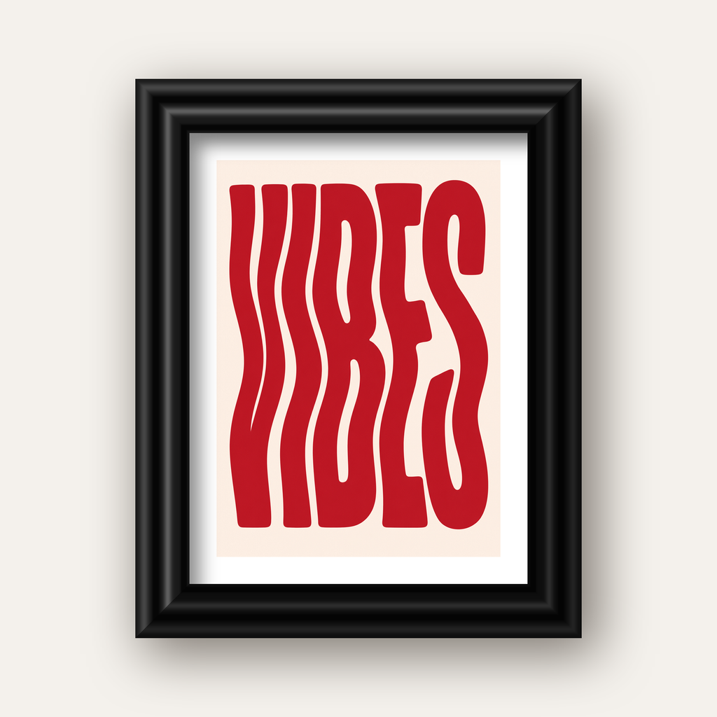 Dalgalı Tipografi Vibes Kırmızı Minimal Poster Baskısı — siyah galeri çerçeveli paspartulu