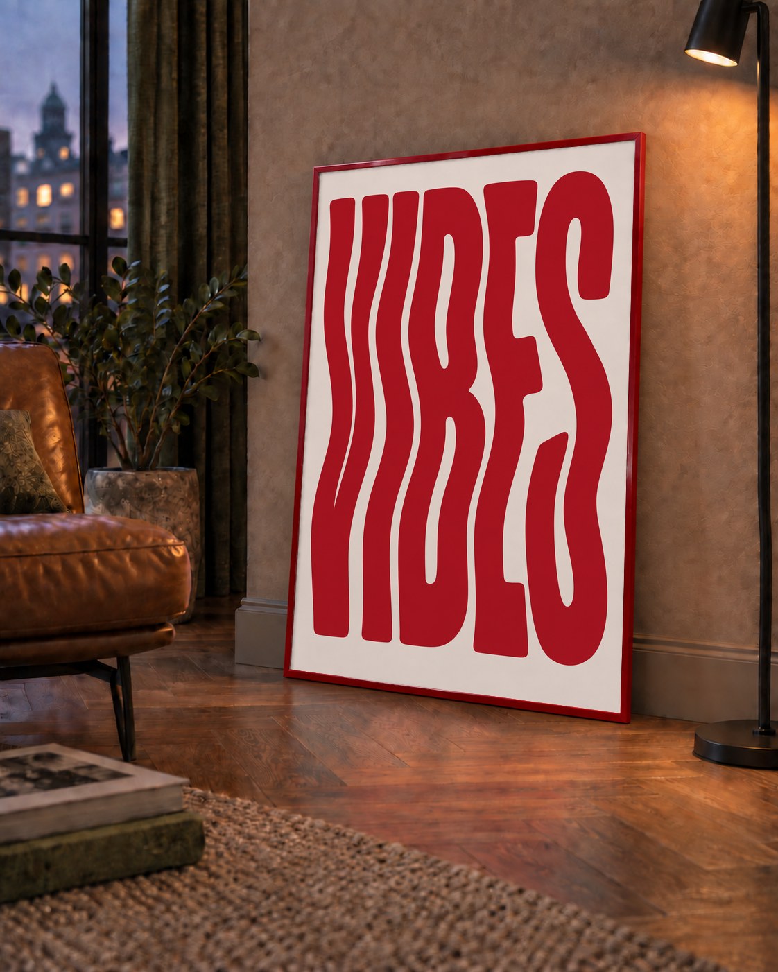 Dalgalı Tipografi Vibes Kırmızı Minimal Poster Baskısı — çerçeveli hâliyle bir ev duvarında