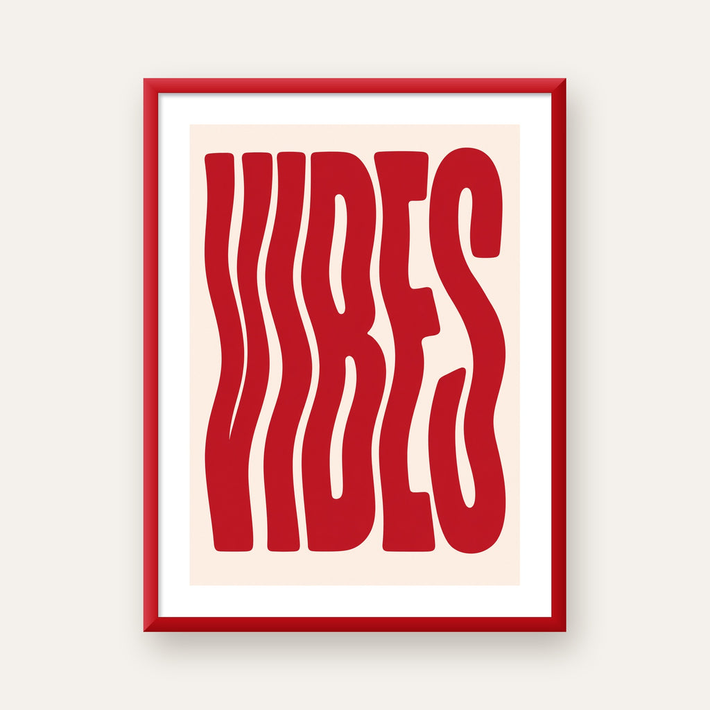 Dalgalı Tipografi Vibes Kırmızı Minimal Poster Baskısı — kırmızı çerçeveli paspartulu