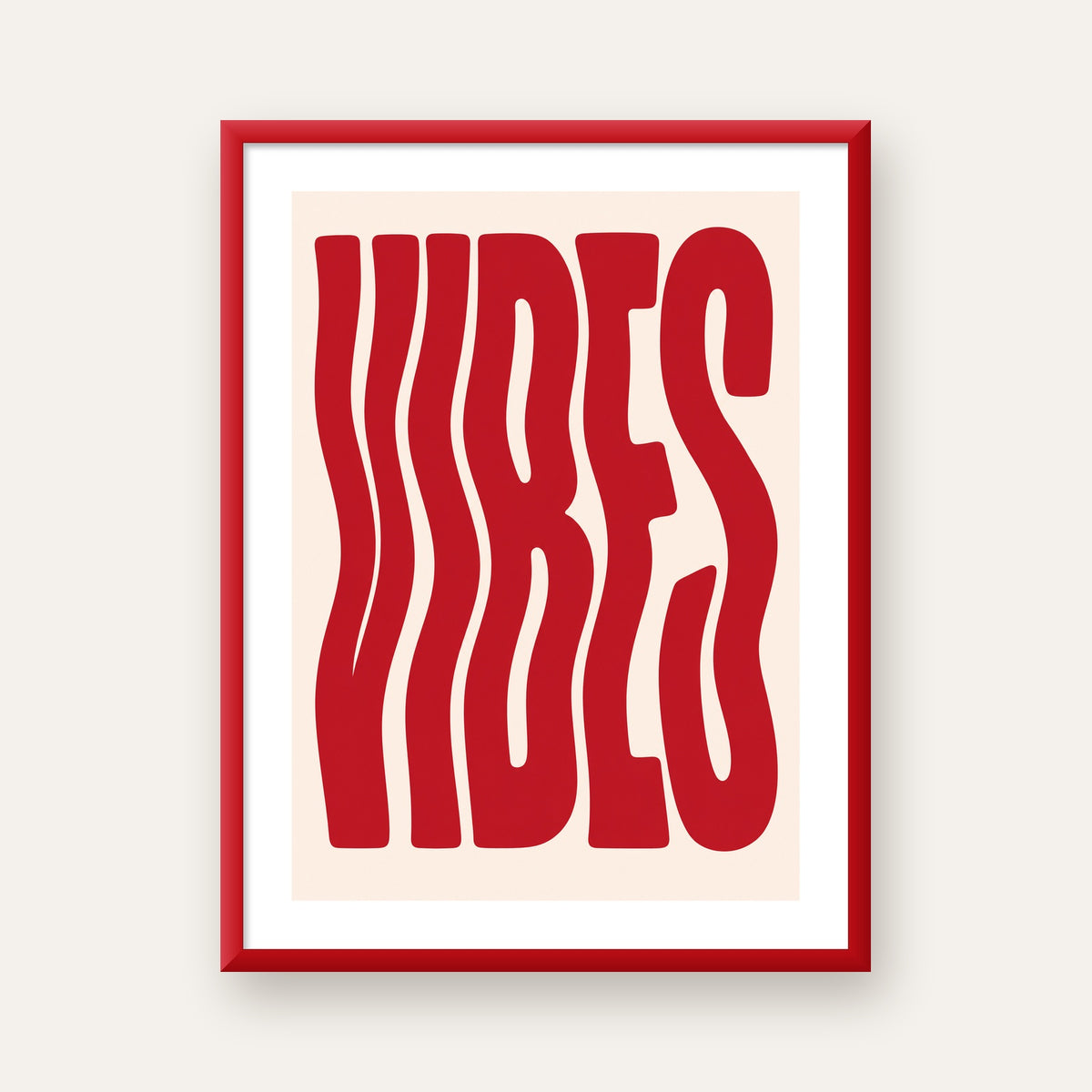 Dalgalı Tipografi Vibes Kırmızı Minimal Poster Baskısı — kırmızı çerçeveli paspartulu