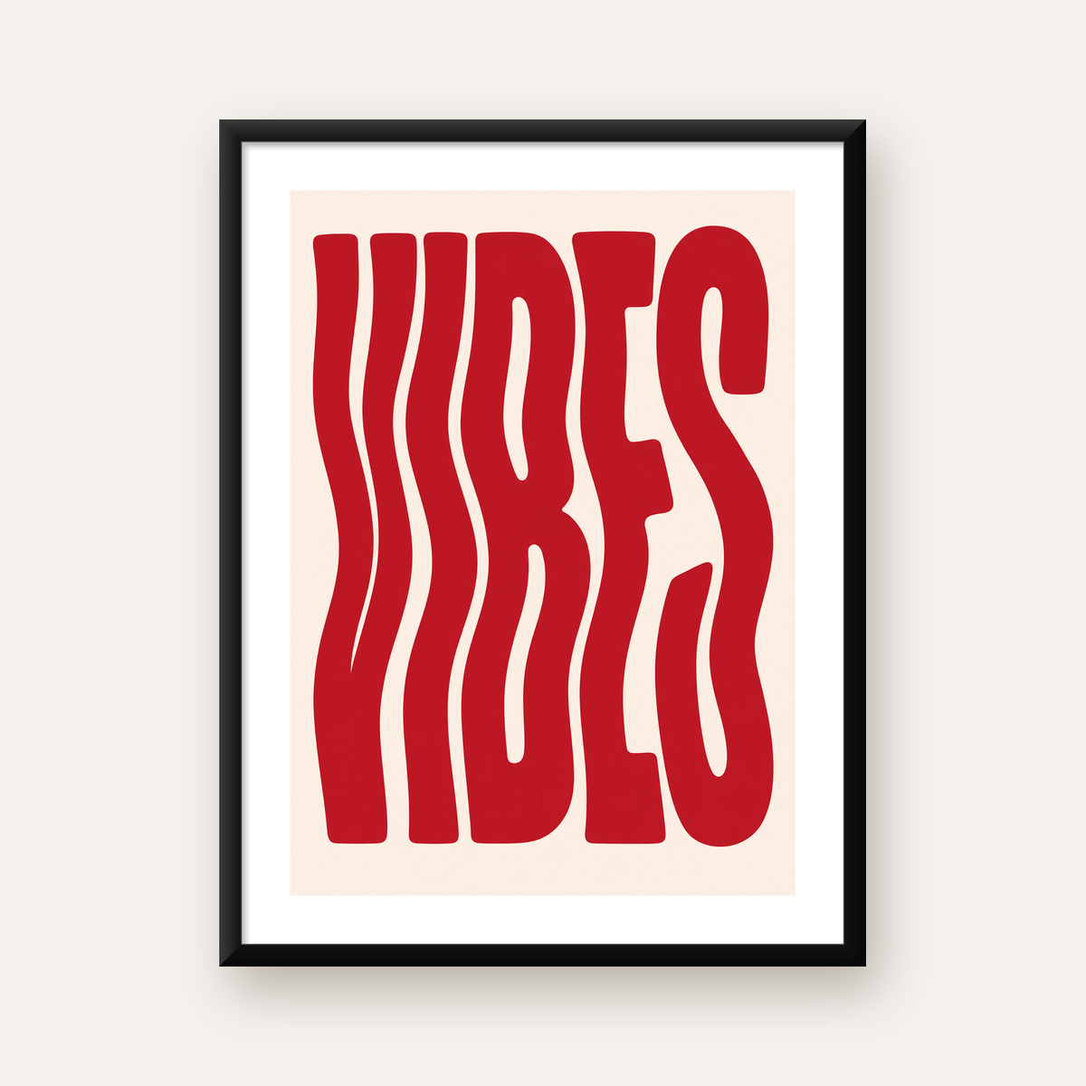 Dalgalı Tipografi Vibes Kırmızı Minimal Poster Baskısı — Dikey baskı, beyaz paspartulu