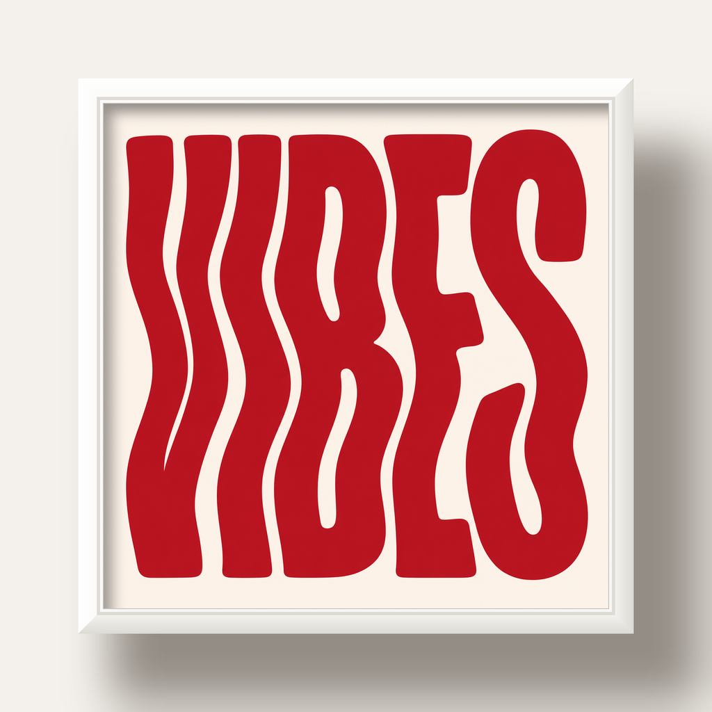 Dalgalı Tipografi Vibes Kırmızı Minimal Poster Baskısı — beyaz derin çerçeveli
