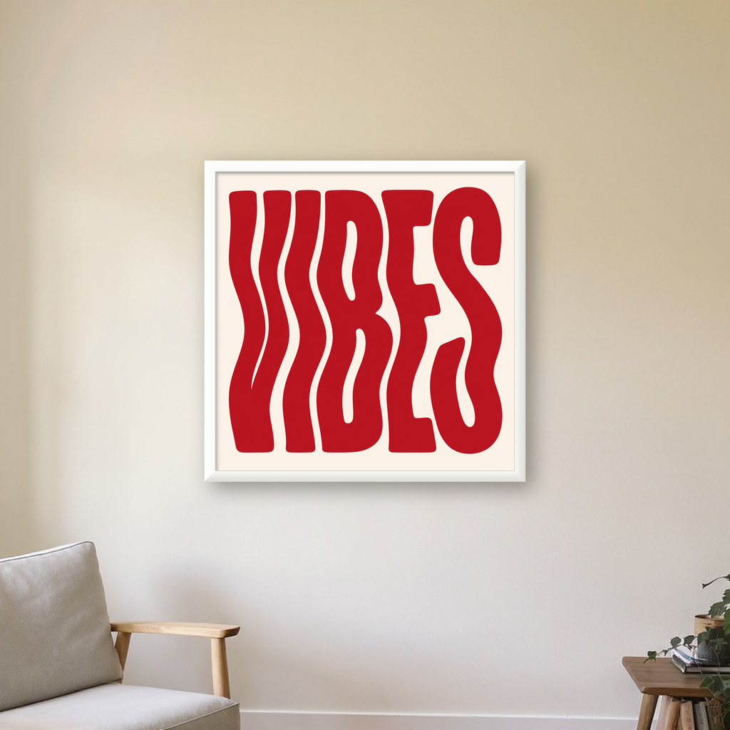 Dalgalı Tipografi Vibes Kırmızı Minimal Poster Baskısı — beyaz çerçeveli kare poster