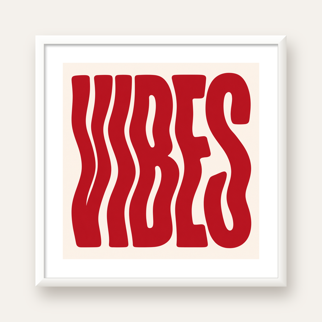 Dalgalı Tipografi Vibes Kırmızı Minimal Poster Baskısı — beyaz çerçeveli kare poster