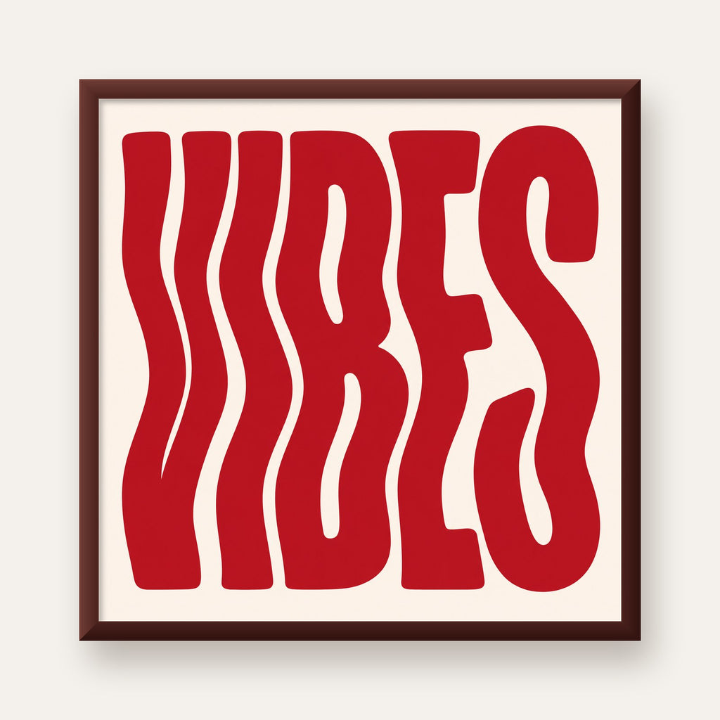 Dalgalı Tipografi Vibes Kırmızı Minimal Poster Baskısı — ceviz çerçeveli