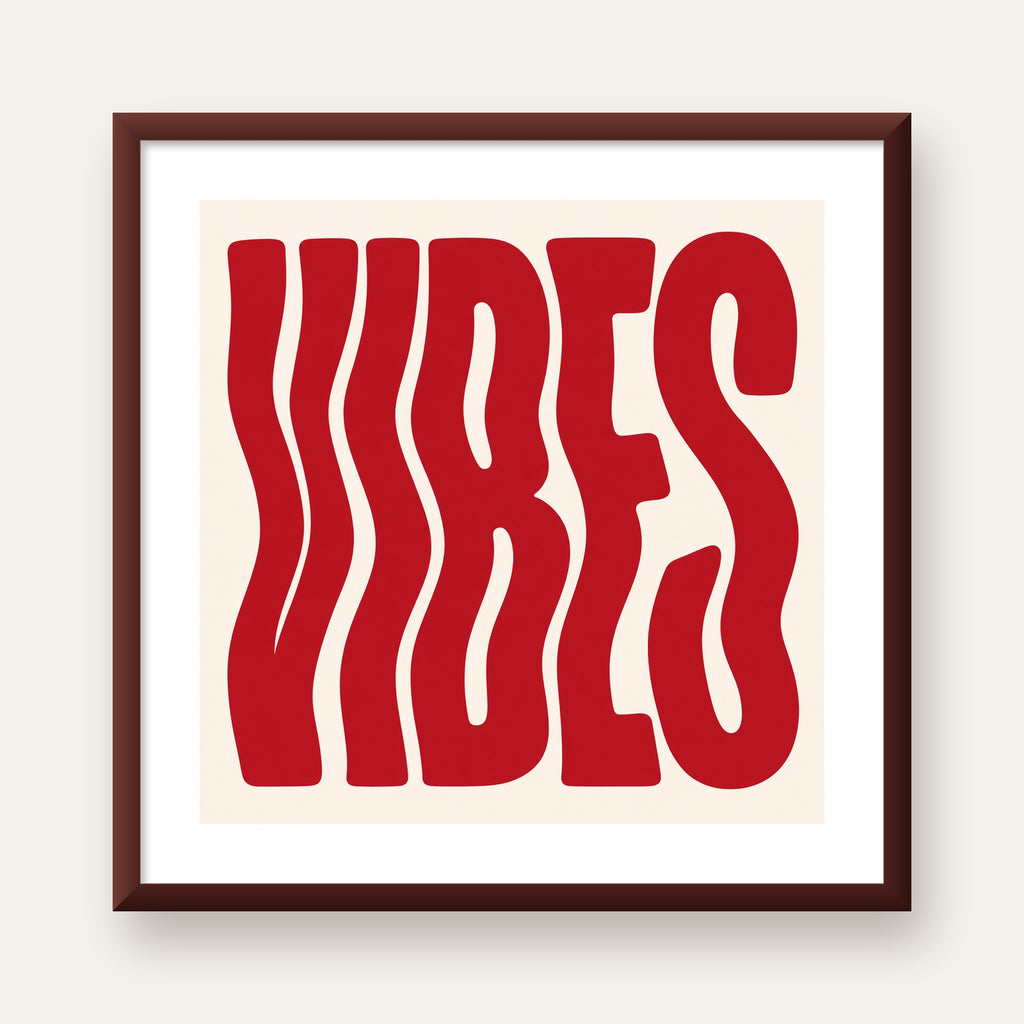 Dalgalı Tipografi Vibes Kırmızı Minimal Poster Baskısı — ceviz çerçeveli paspartulu