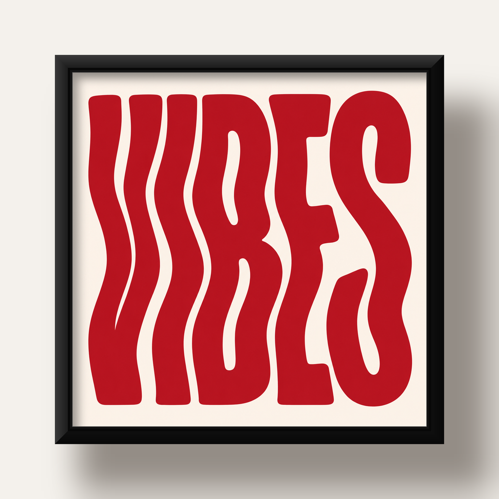 Dalgalı Tipografi Vibes Kırmızı Minimal Poster Baskısı — siyah derin çerçeveli