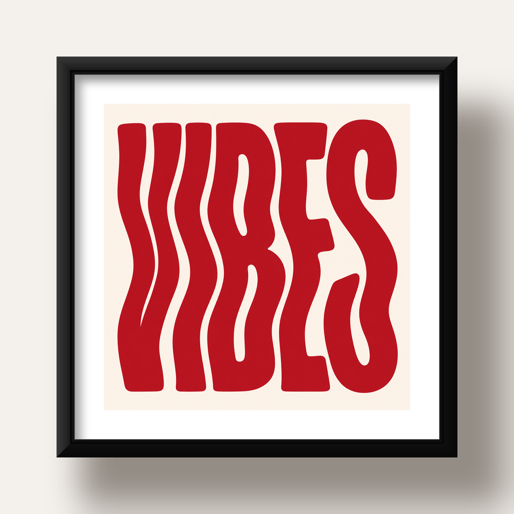 Dalgalı Tipografi Vibes Kırmızı Minimal Poster Baskısı — siyah derin çerçeveli paspartulu