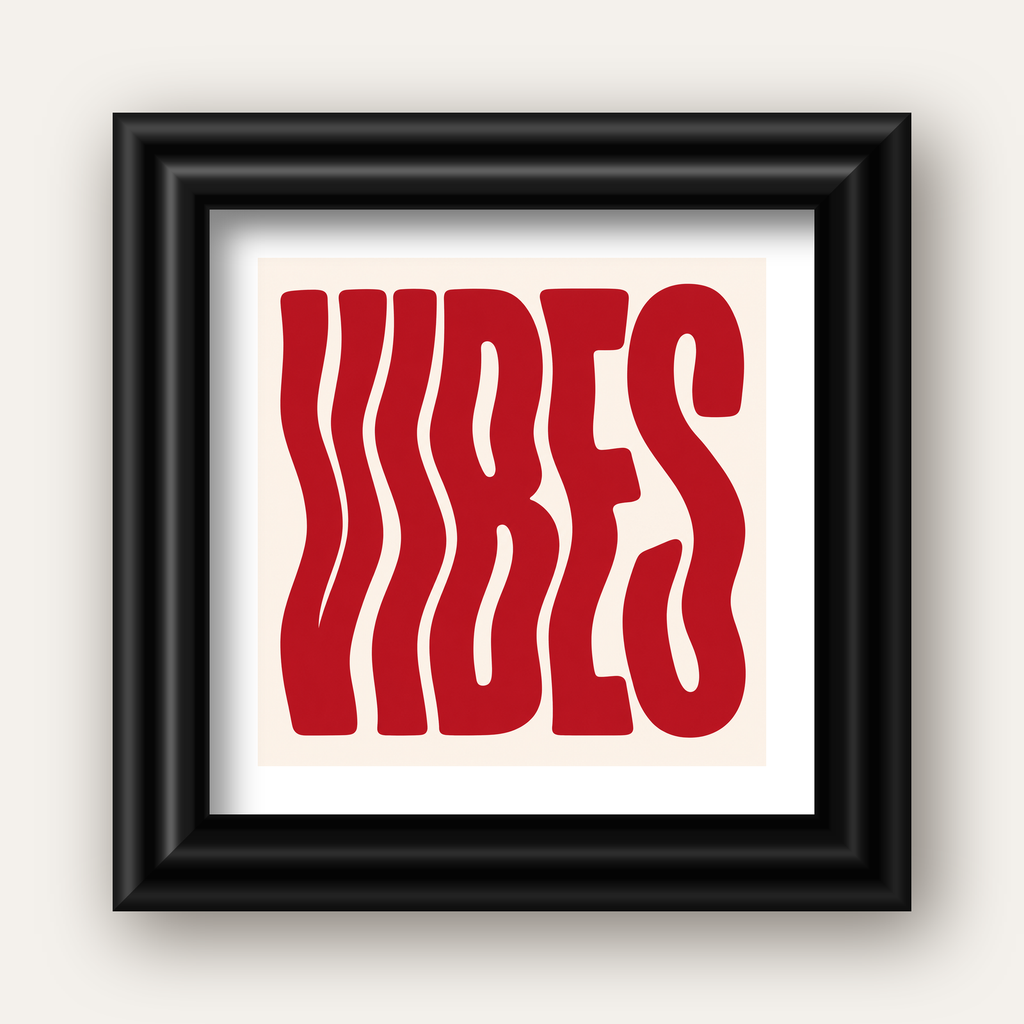 Dalgalı Tipografi Vibes Kırmızı Minimal Poster Baskısı — siyah galeri çerçeveli paspartulu