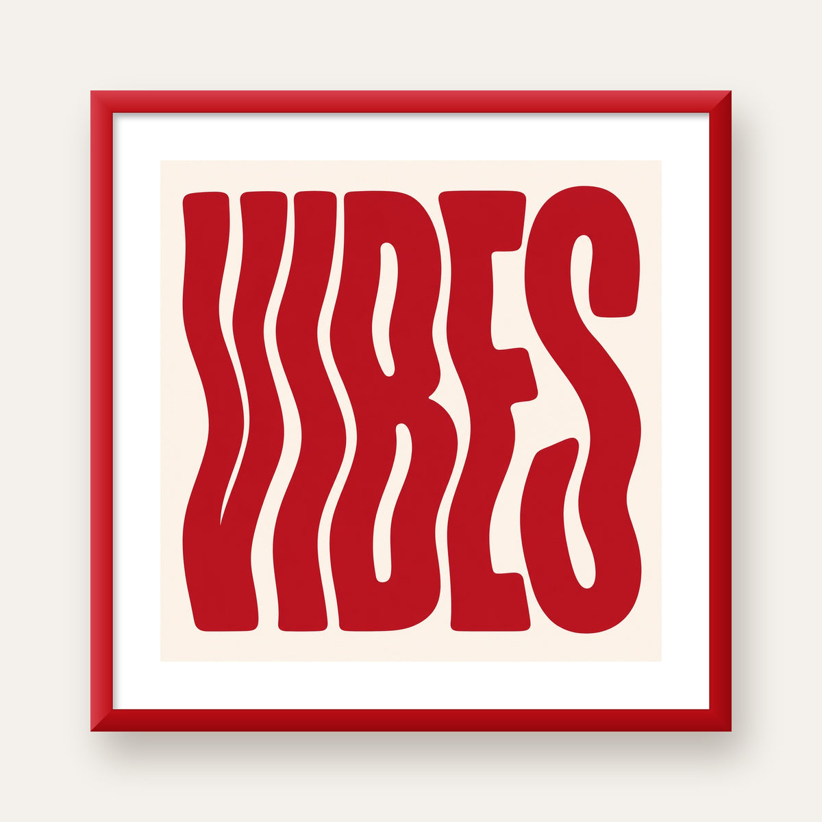 Dalgalı Tipografi Vibes Kırmızı Minimal Poster Baskısı — kırmızı çerçeveli paspartulu