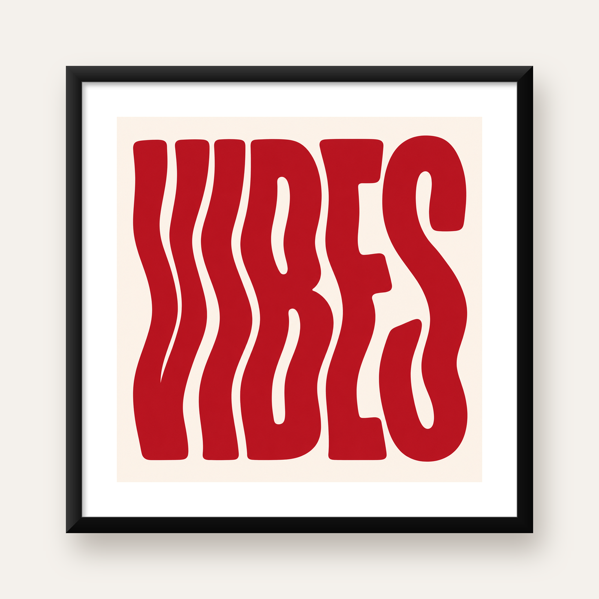 Dalgalı Tipografi Vibes Kırmızı Minimal Poster Baskısı — Kare baskı, beyaz paspartulu