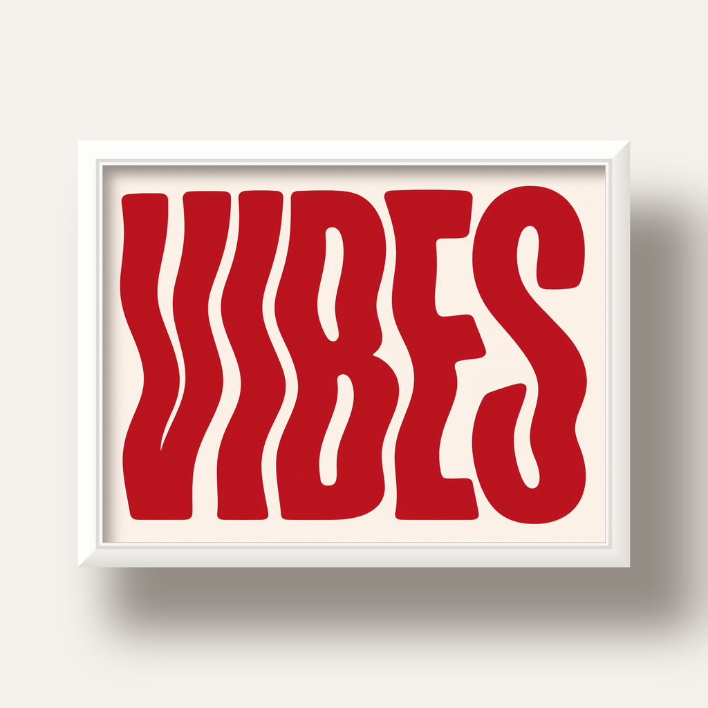 Dalgalı Tipografi Vibes Kırmızı Minimal Poster Baskısı — beyaz derin çerçeveli