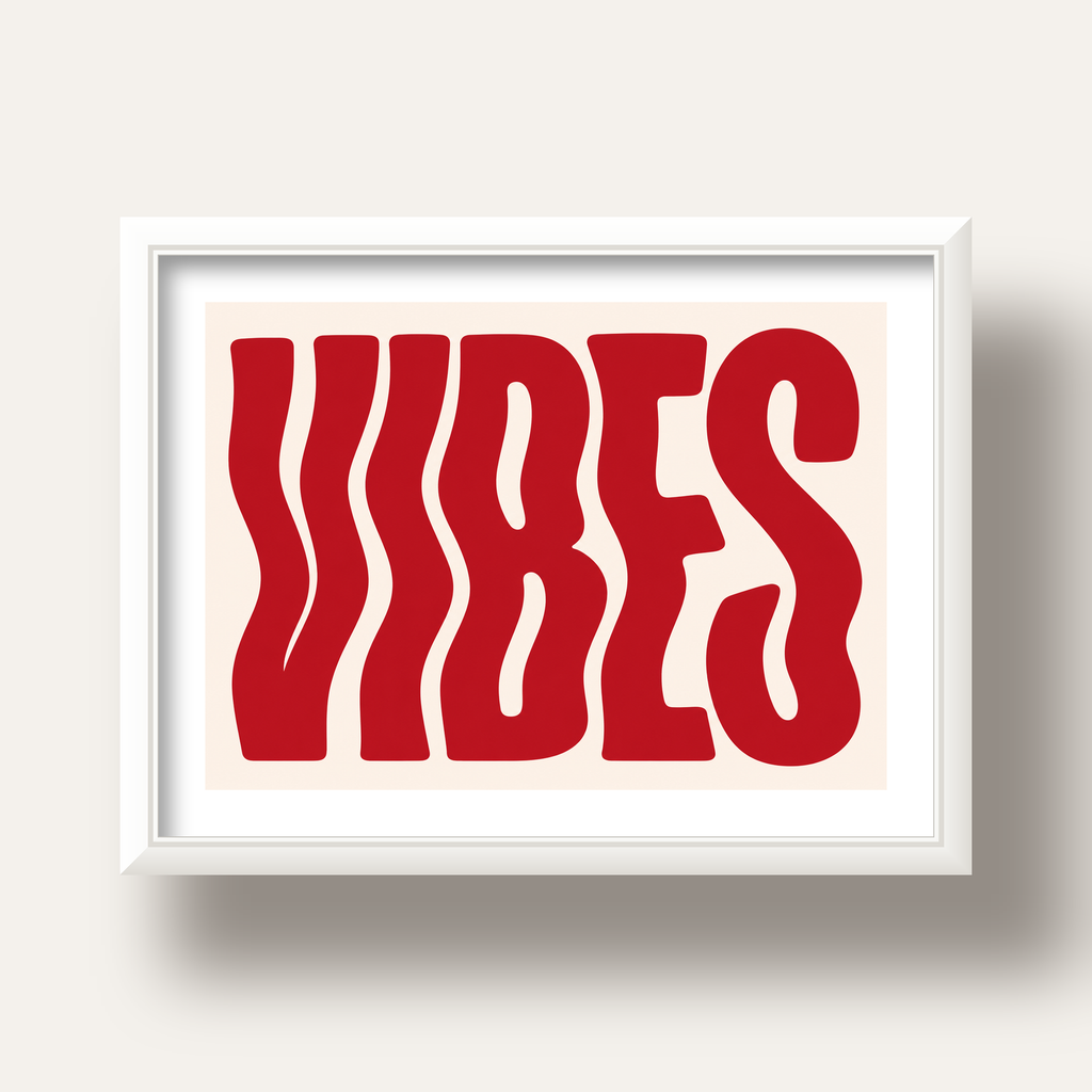 Dalgalı Tipografi Vibes Kırmızı Minimal Poster Baskısı — beyaz derin çerçeveli paspartulu