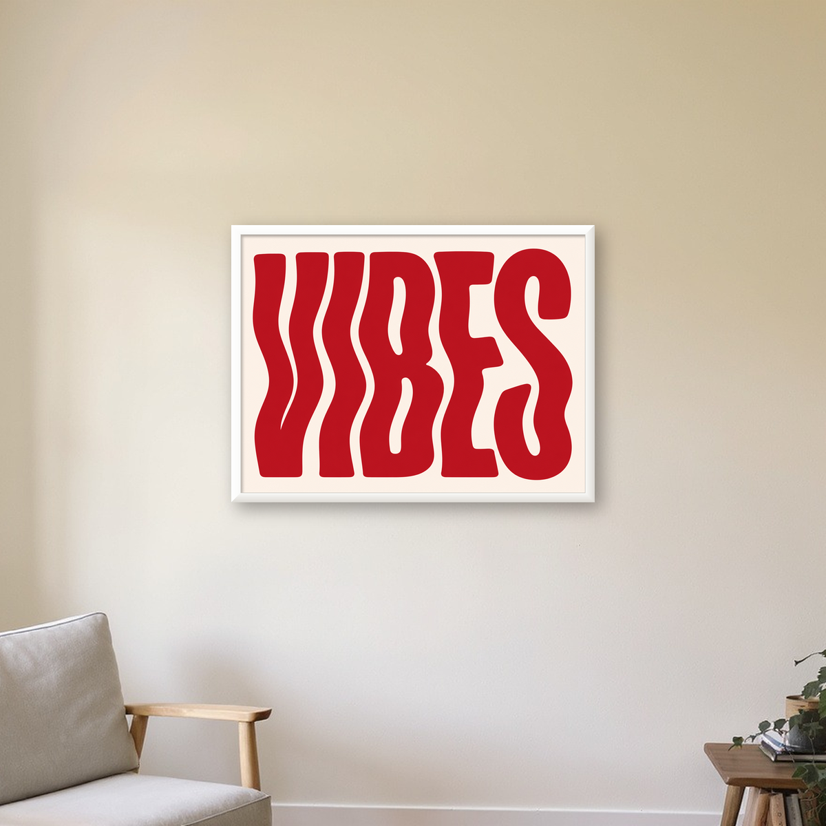 Dalgalı Tipografi Vibes Kırmızı Minimal Poster Baskısı — beyaz çerçeveli yatay poster