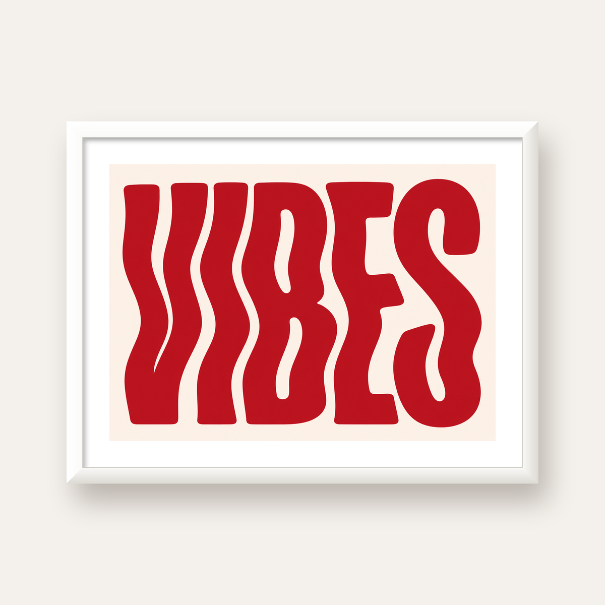 Dalgalı Tipografi Vibes Kırmızı Minimal Poster Baskısı — beyaz çerçeveli yatay poster