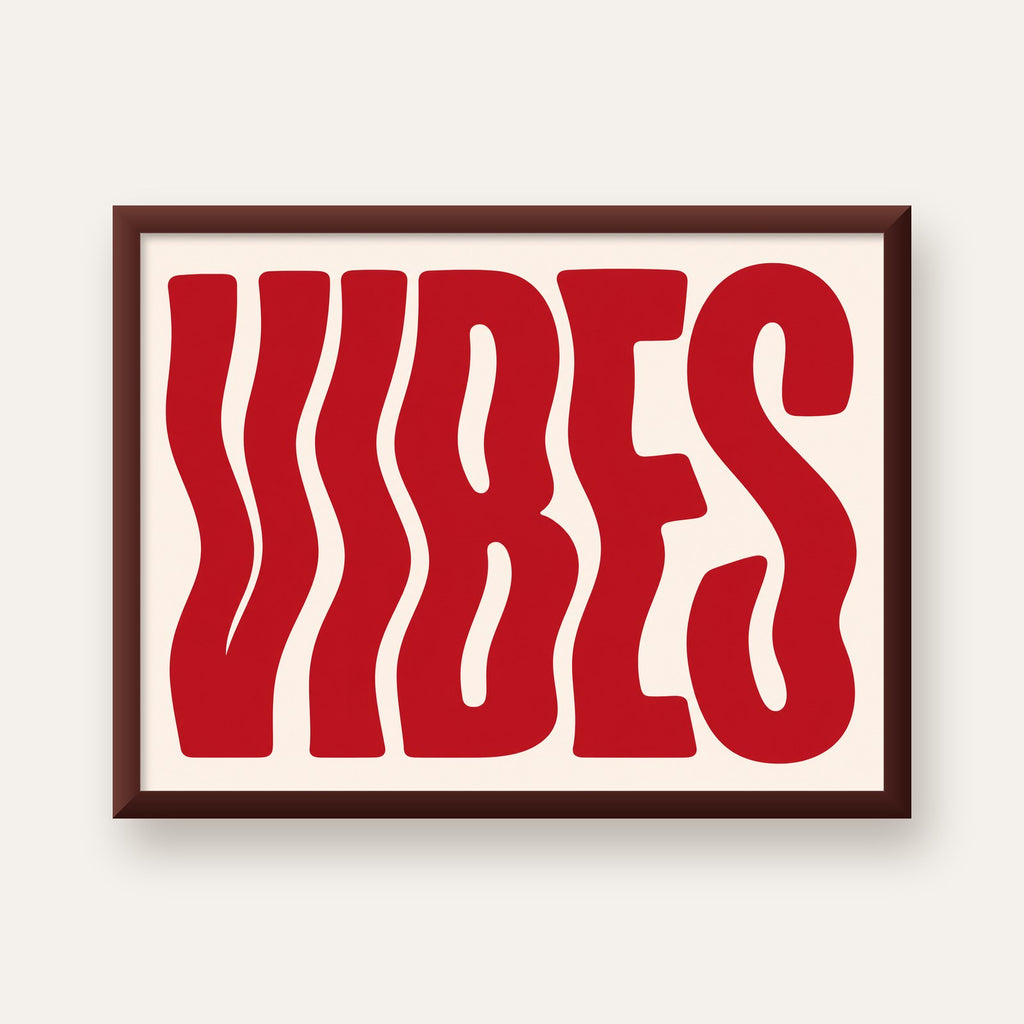 Dalgalı Tipografi Vibes Kırmızı Minimal Poster Baskısı — ceviz çerçeveli