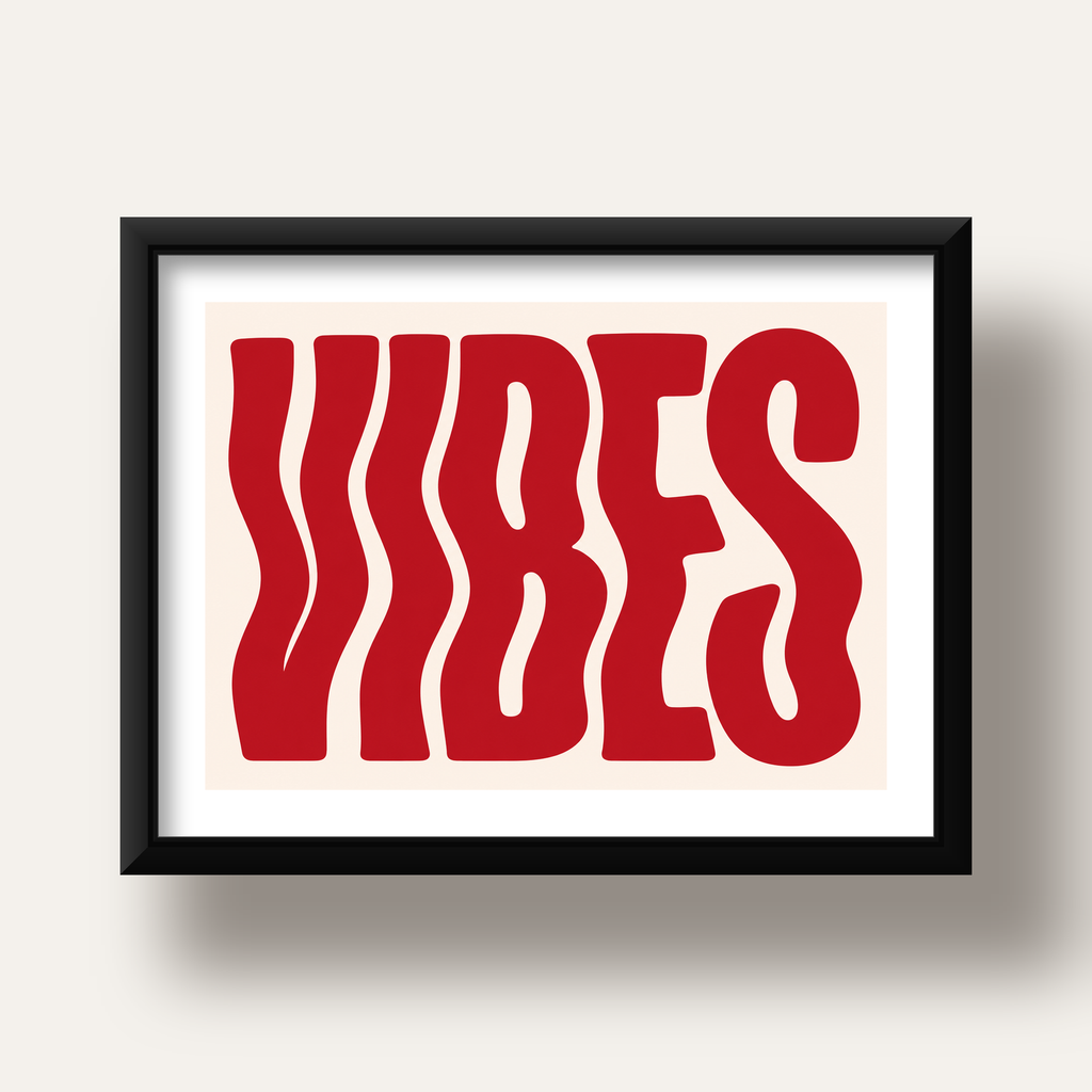 Dalgalı Tipografi Vibes Kırmızı Minimal Poster Baskısı — siyah derin çerçeveli paspartulu