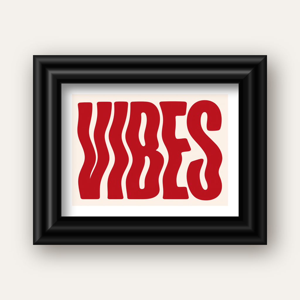 Dalgalı Tipografi Vibes Kırmızı Minimal Poster Baskısı — siyah galeri çerçeveli paspartulu