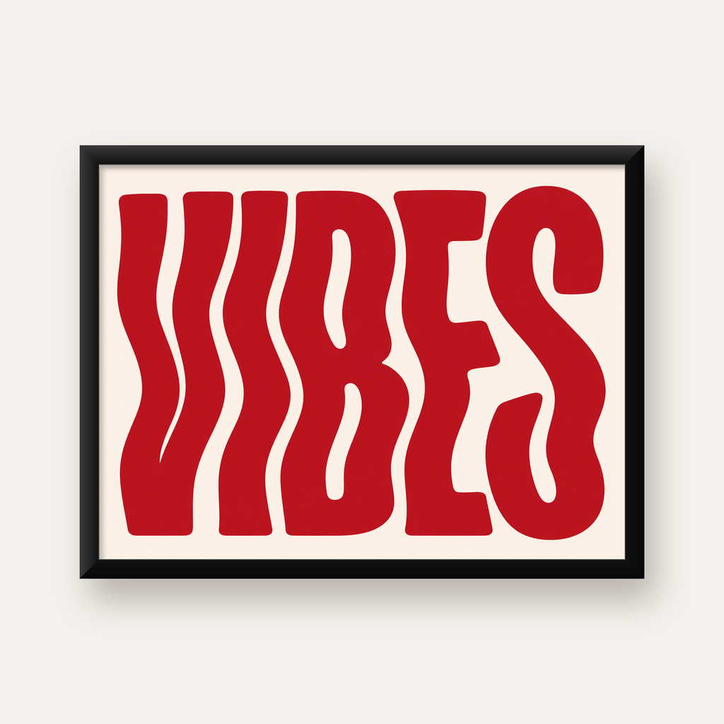 Dalgalı Tipografi Vibes Kırmızı Minimal Poster Baskısı — Yatay baskı, düz siyah çerçeveli duvar posteri
