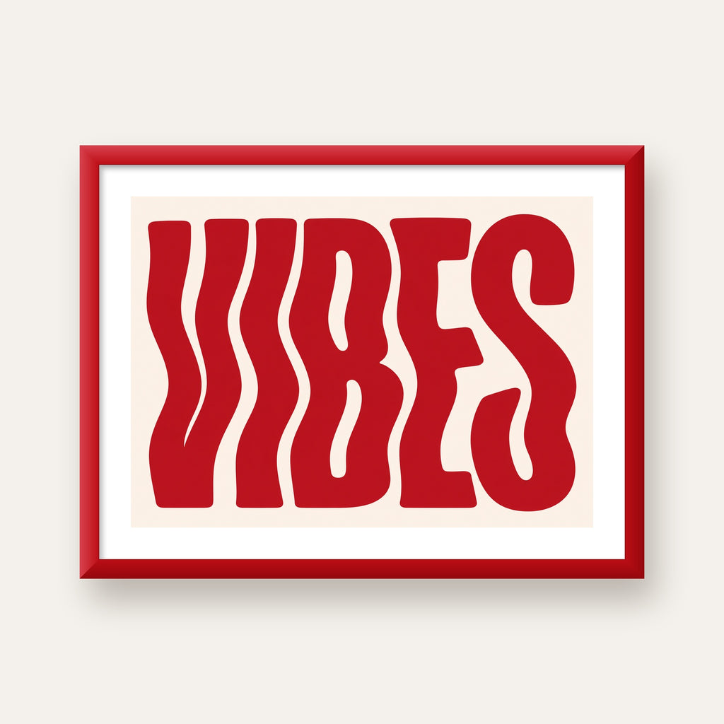 Dalgalı Tipografi Vibes Kırmızı Minimal Poster Baskısı — kırmızı çerçeveli paspartulu