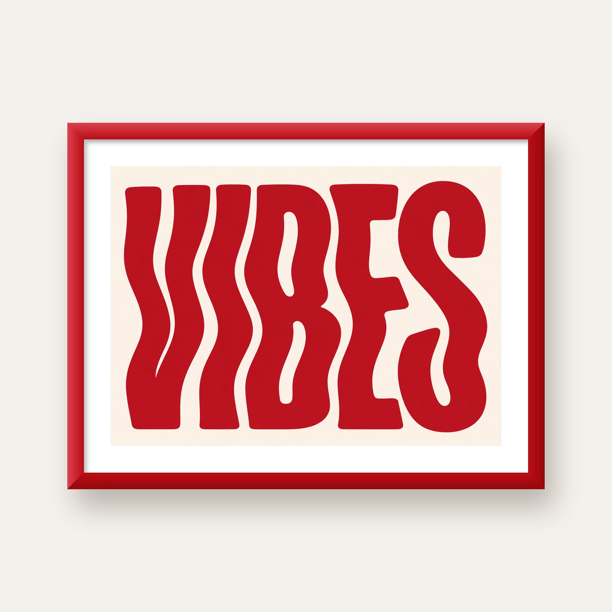 Dalgalı Tipografi Vibes Kırmızı Minimal Poster Baskısı — kırmızı çerçeveli paspartulu